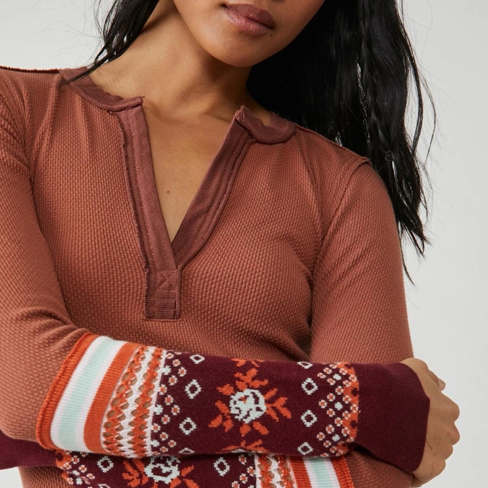 NWT Free People We the Free Mikah Layering Cuff Thermal Top in Autumn Combo - S